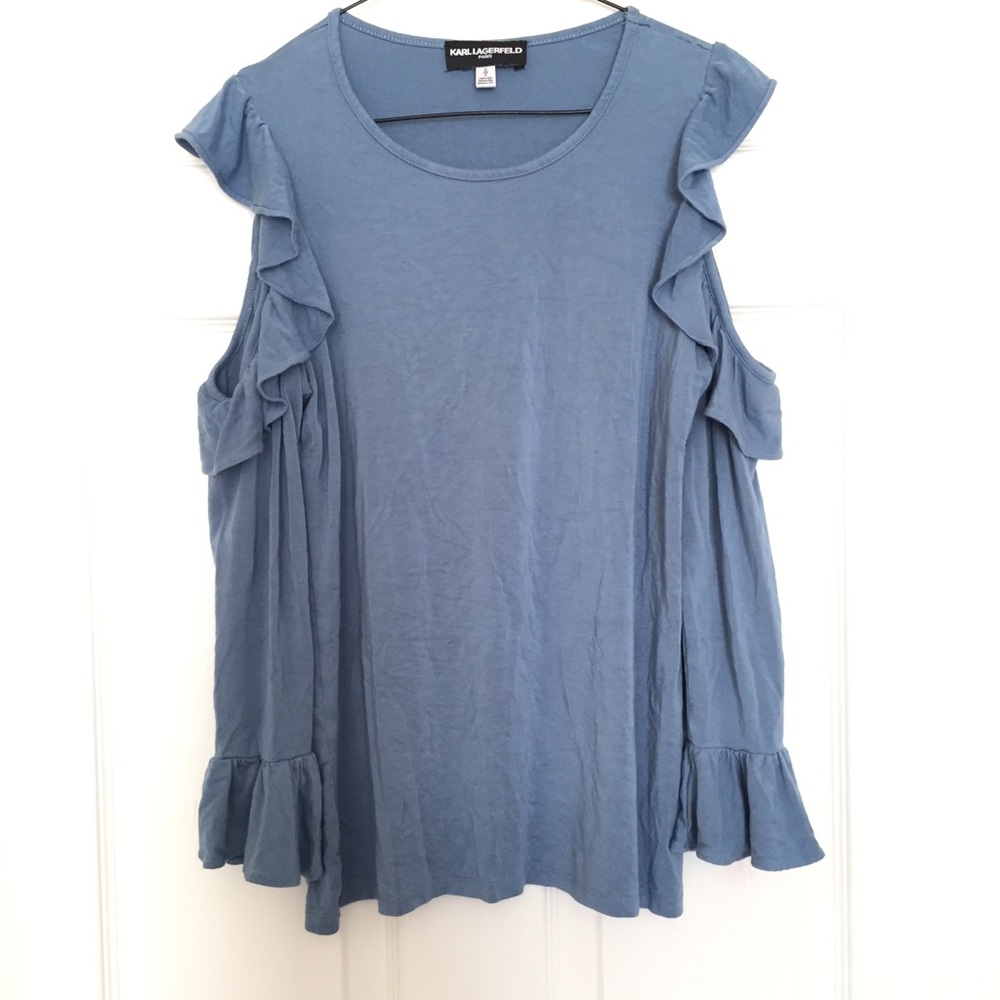 Karl Lagerfeld Blue Ruffle Cold Shoulder Top - Picture 3 of 6